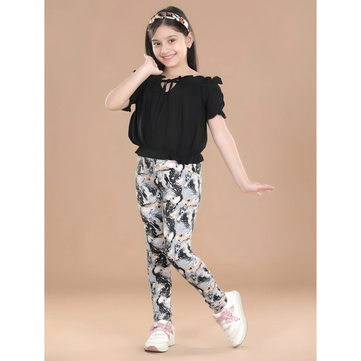 Girl's Cotton Lycra Floral Elasticated Jeggings (Multicolor)
