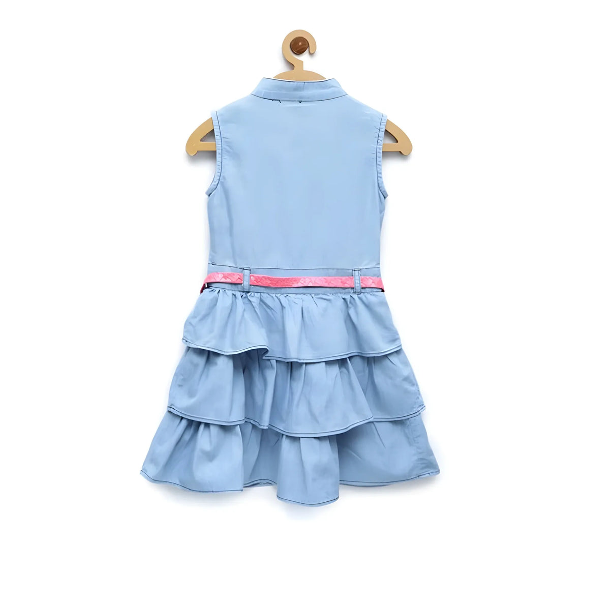 Girl's Denim Embellished Sleeveless Dress With Belt (light Blue) | Kids Signature Collection