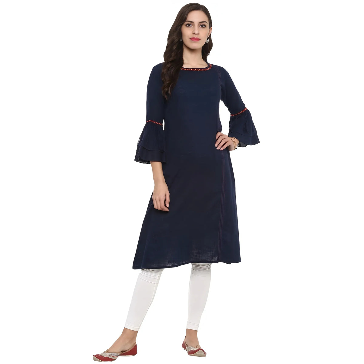 Women's Casual Bell Sleeves Solid Cotton Slub Kurti (blue) | Women Signature Collection