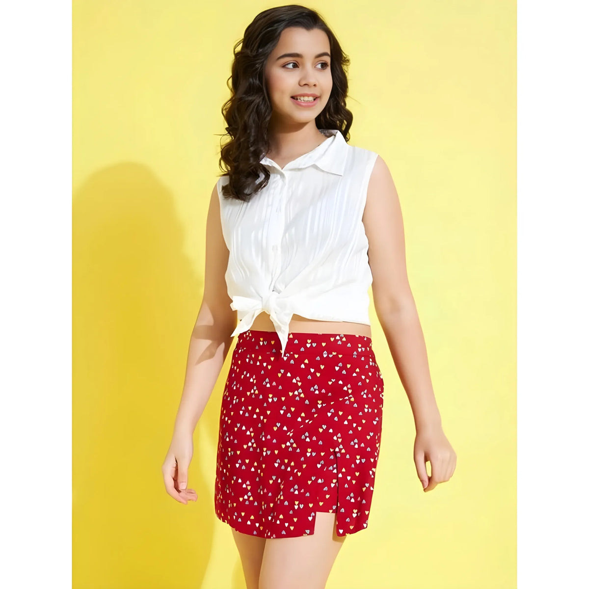 Girl's Polyester Lurex Printed Sleeveless Skorts Set (white Red) | Kids Signature Collection