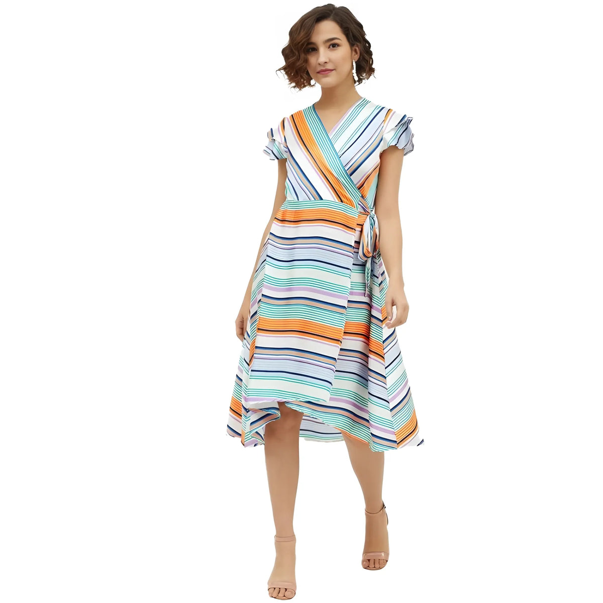 Women's Satin Striped Short Sleeve Knee Length Dress (multicolor) | Women Signature Collection