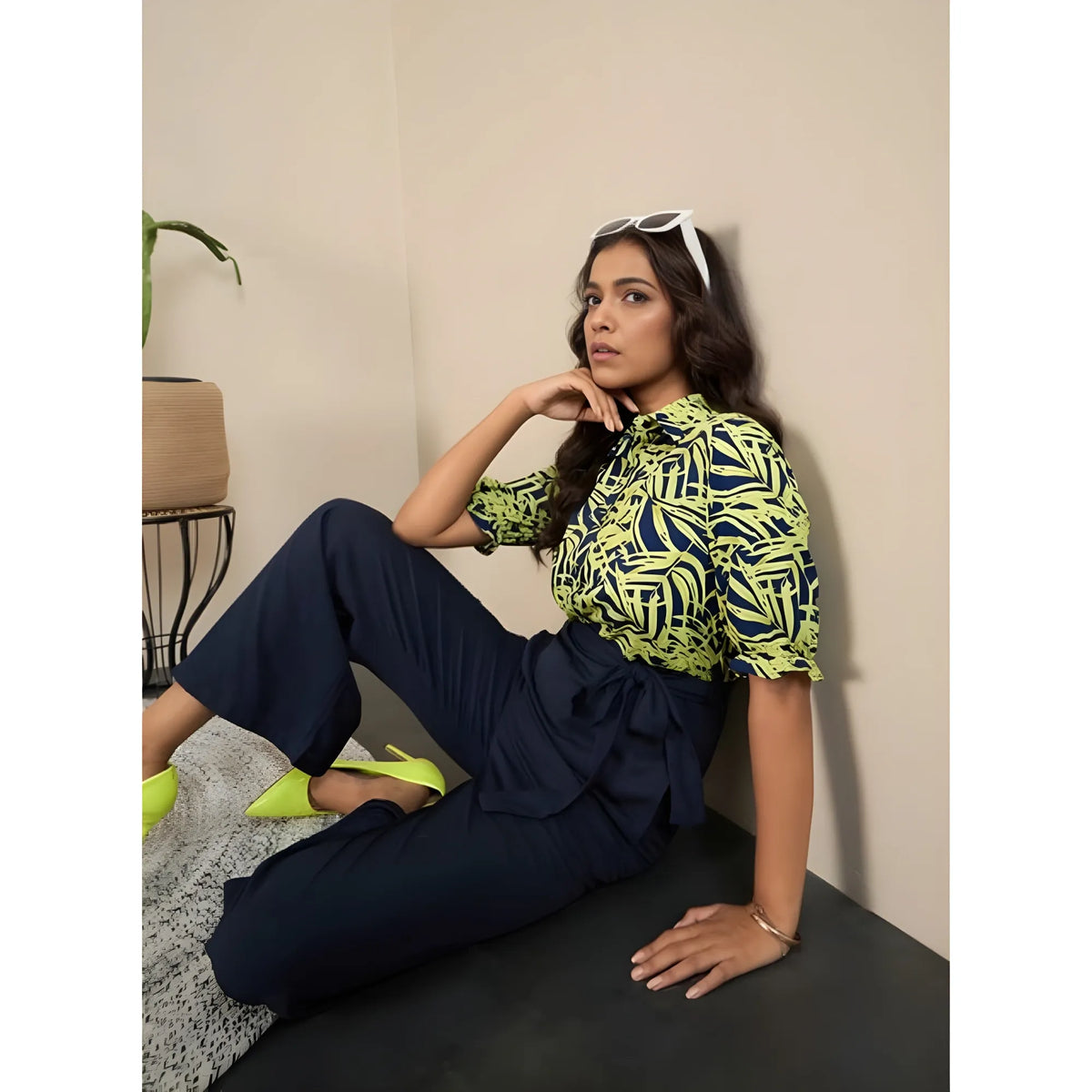 Women's Polyester Floral Half Sleeves Jumpsuit (navy Yellow) | Women Signature Collection
