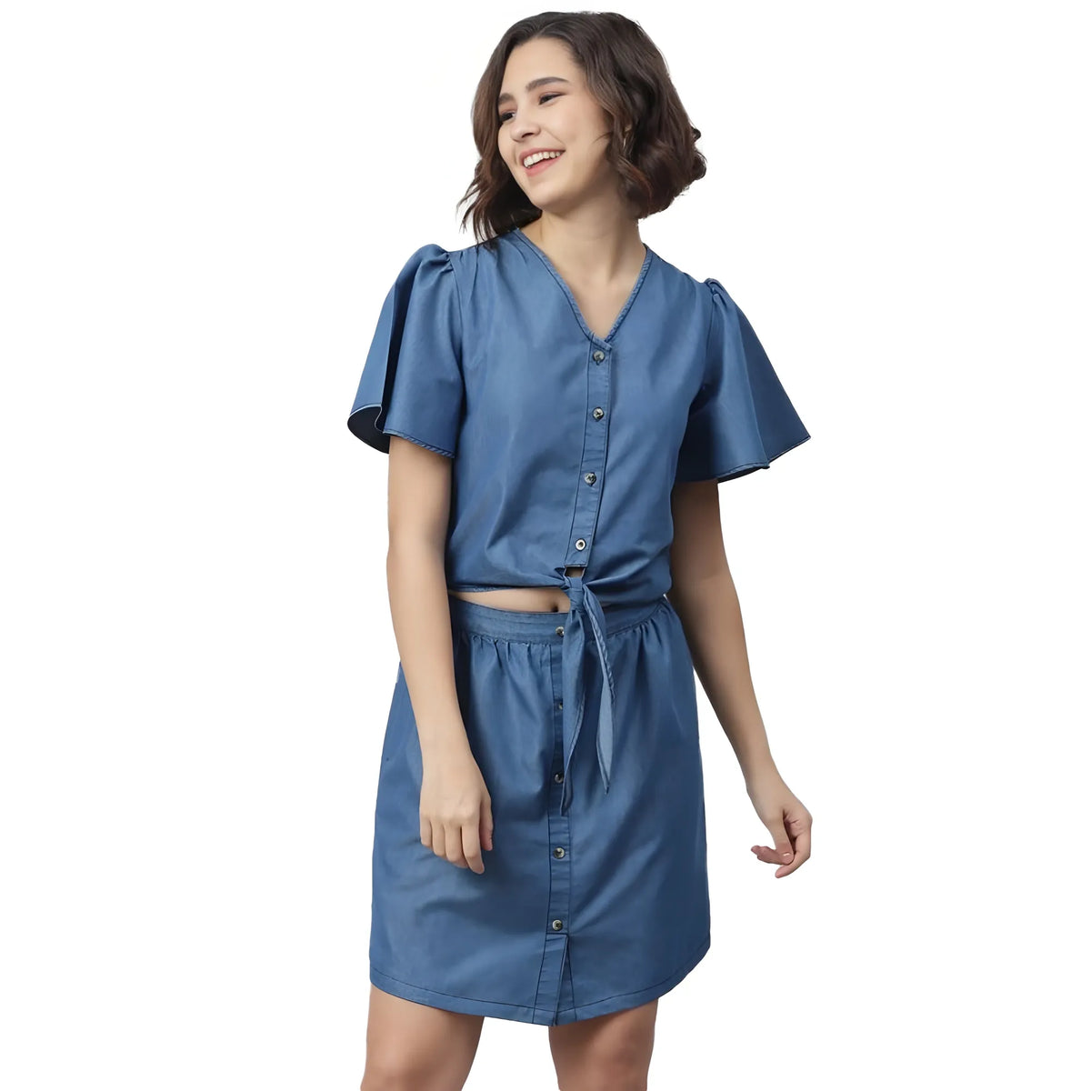 Women's Denim Solid Flutter Above Knee Dress (blue) | Women Signature Collection