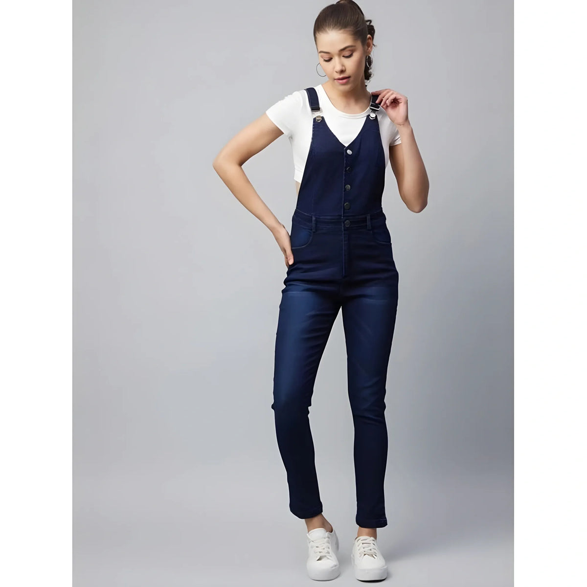 Women's Denim Lycra Solid Buttoned Dungaree (navy) | Women Signature Collection