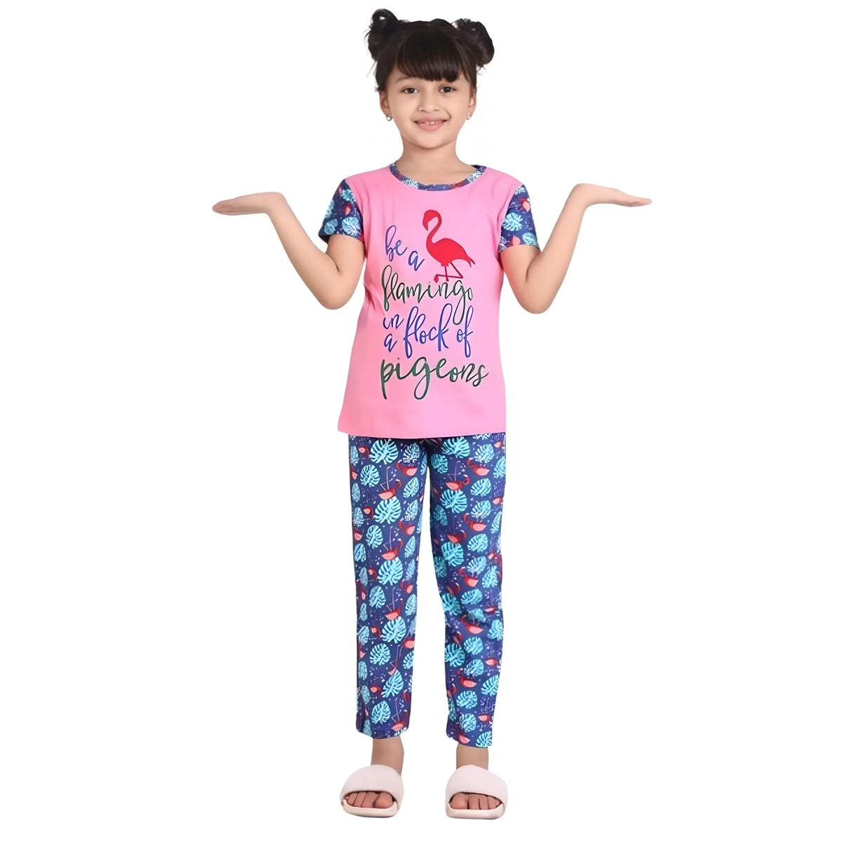 Girl's Cotton Hosiery Printed Night Suit Set (pink Blue) | Kids Signature Collection