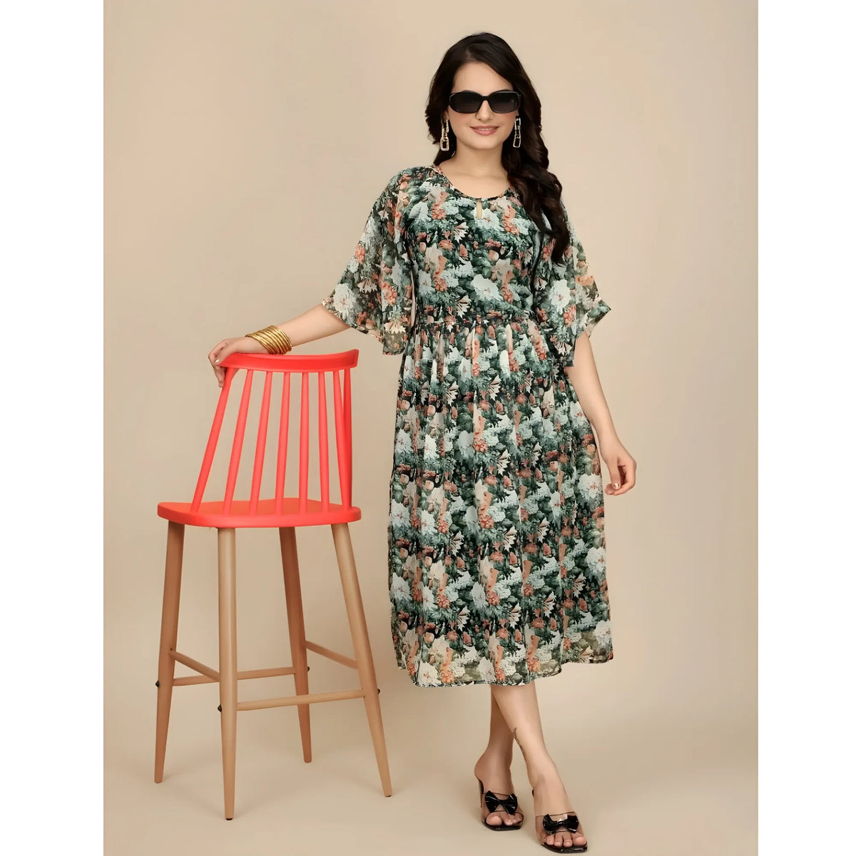 Women's Georgette Printed Round Neck Short Sleeve Dress (black) | Women Signature Collection