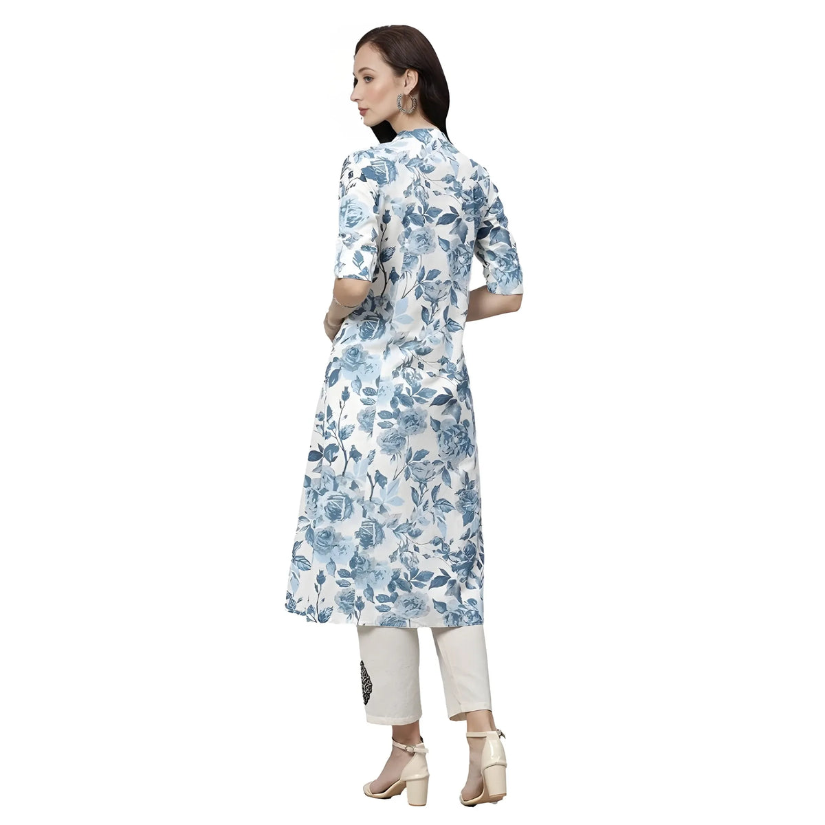Women's Cotton Printed Floral Print Kurti (white, Blue, Cotton) | Women Signature Collection