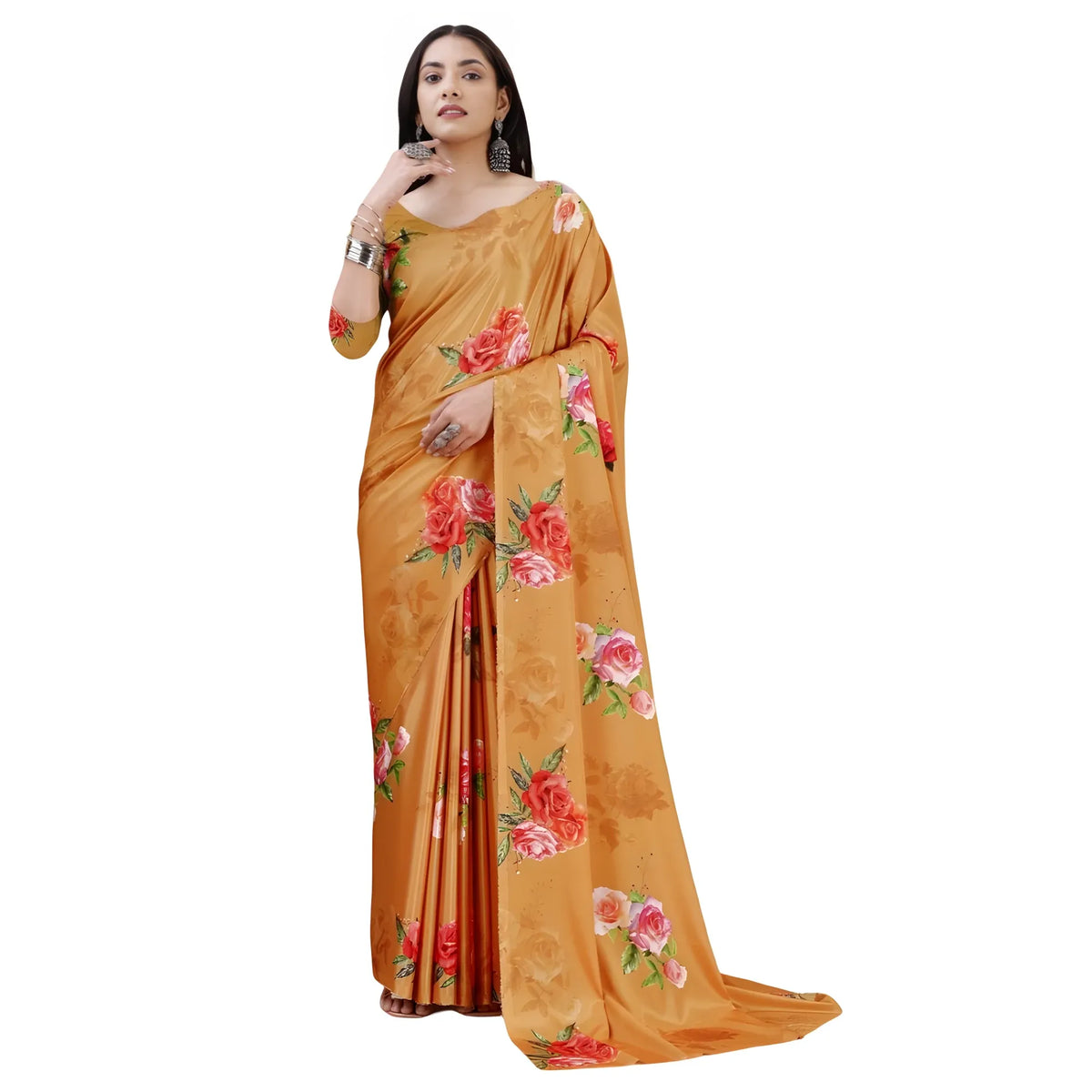 Women's Crepe Digital Print Saree With Unstitched Blouse 5.5mtr (mustard) | Women Signature Collection