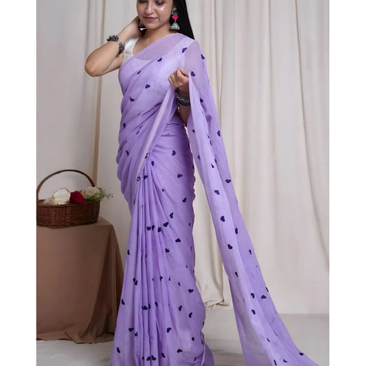 Women's Linen Printed Saree With Unstitched Blouse 5.5Mtr (Purple)