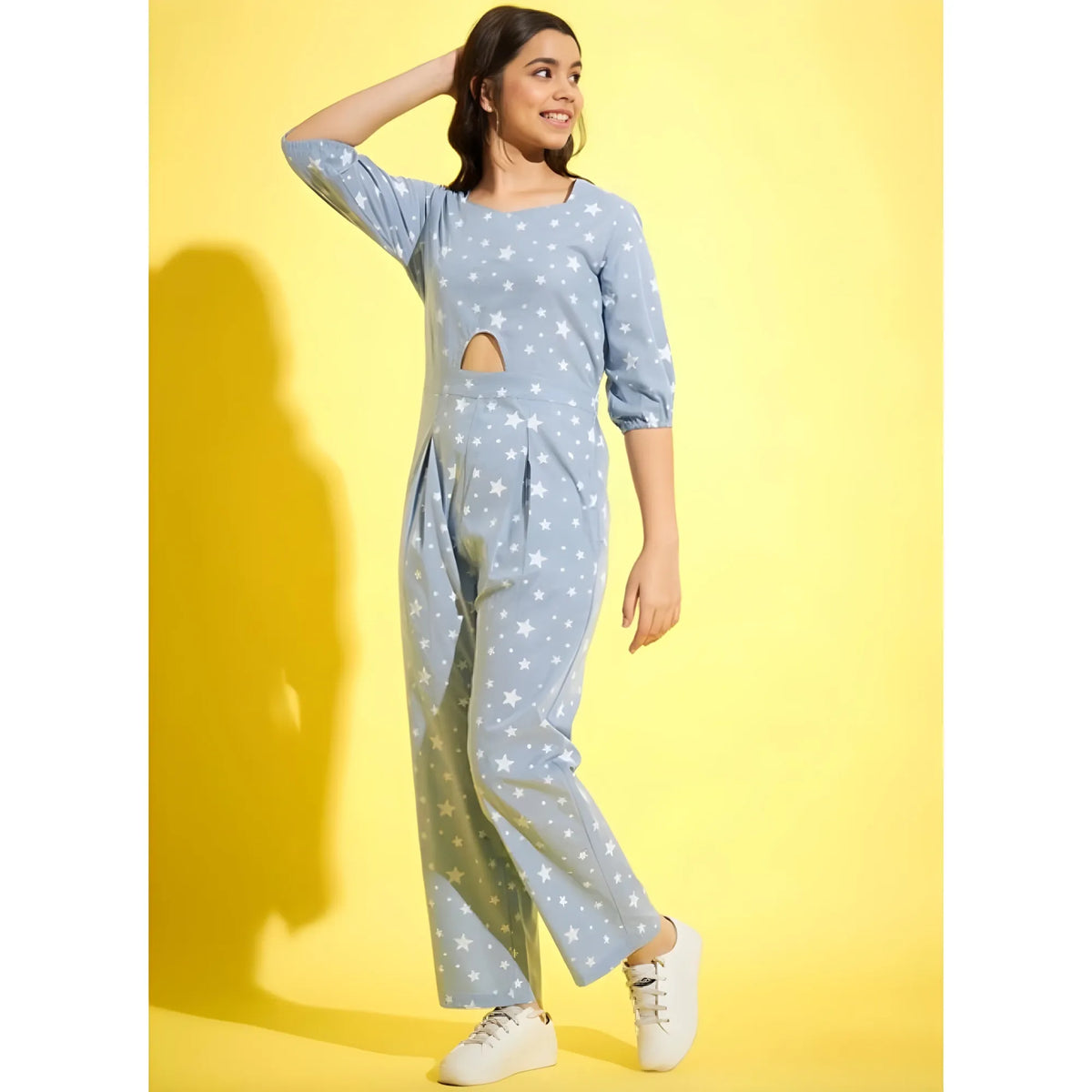 Girl's Cotton Printed 3 4th Sleeve Jumpsuit (blue White) | Women Signature Collection