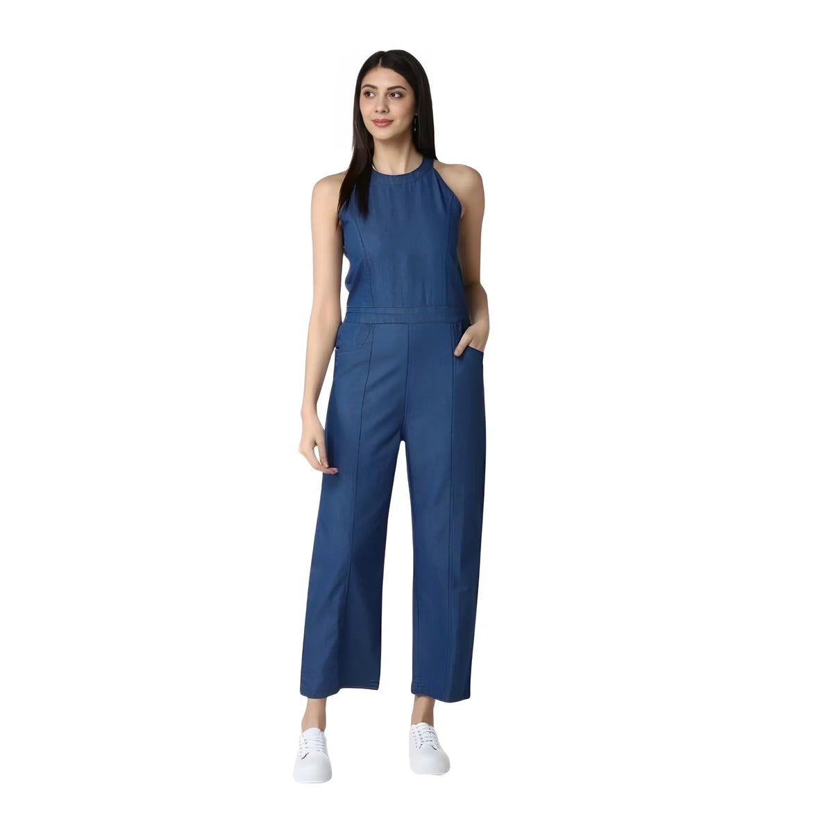 Women's Denim Solid Sleeveless Jumpsuit (blue) | Women Signature Collection