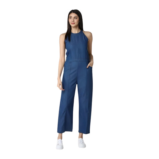 Women's Denim Solid Sleeveless Jumpsuit (blue) | Women Signature Collection
