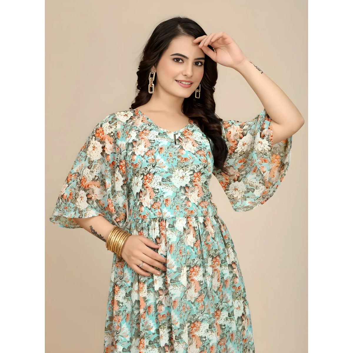 Women's Georgette Printed Round Neck Short Sleeve Dress (multicolor) | Women Signature Collection