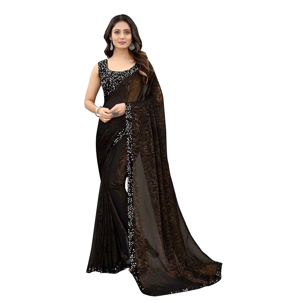 Women's Lycra Floral Saree With Unstitched Blouse (brown, 5.5 Mtr) | Women Signature Collection