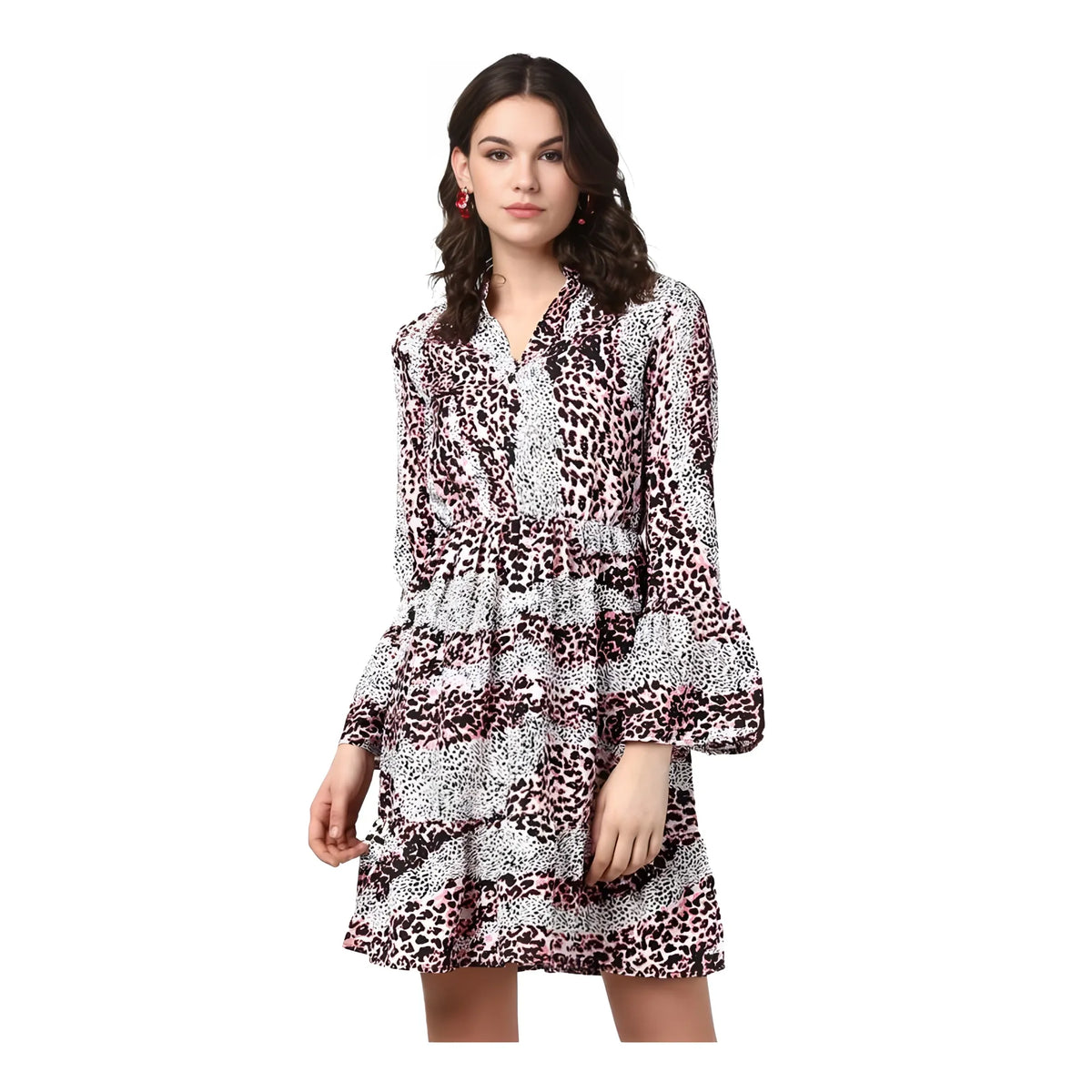 Women's Polyester Animal Print Bell Sleeve Above Knee Dress (pink Black) | Women Signature Collection