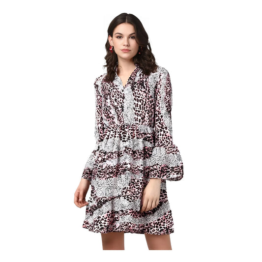 Women's Polyester Animal Print Bell Sleeve Above Knee Dress (pink Black) | Women Signature Collection