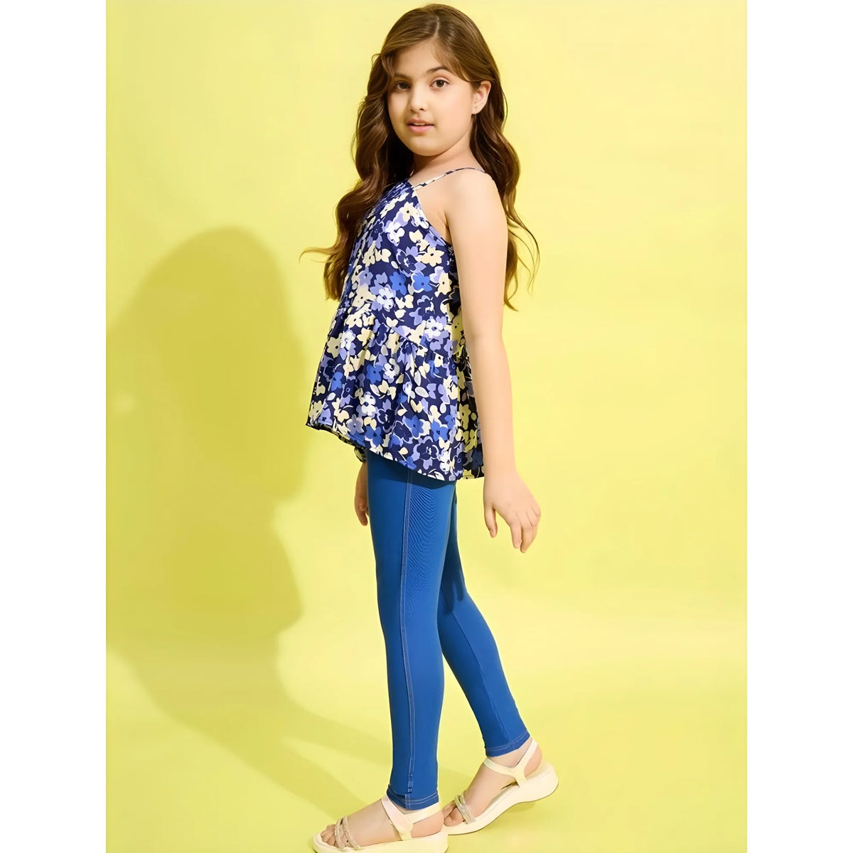 Girl's Polyester Floral One Shoulder Jeggings Set (blue) | Kids Signature Collection