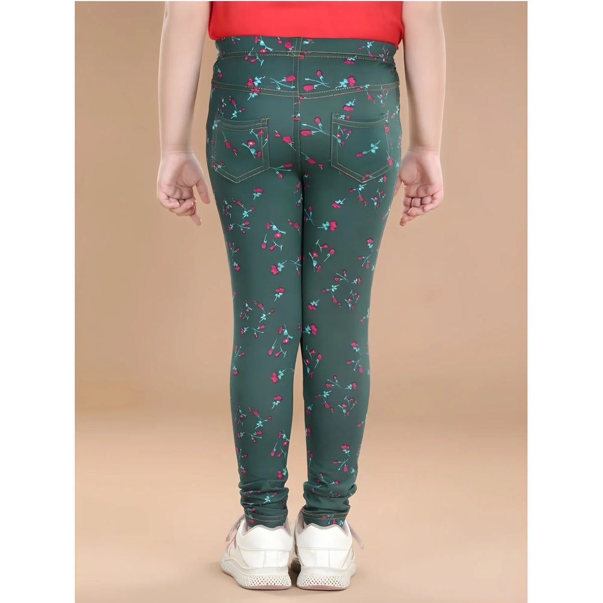 Girl's Cotton Lycra Floral Elasticated Jeggings (Bottle Green)