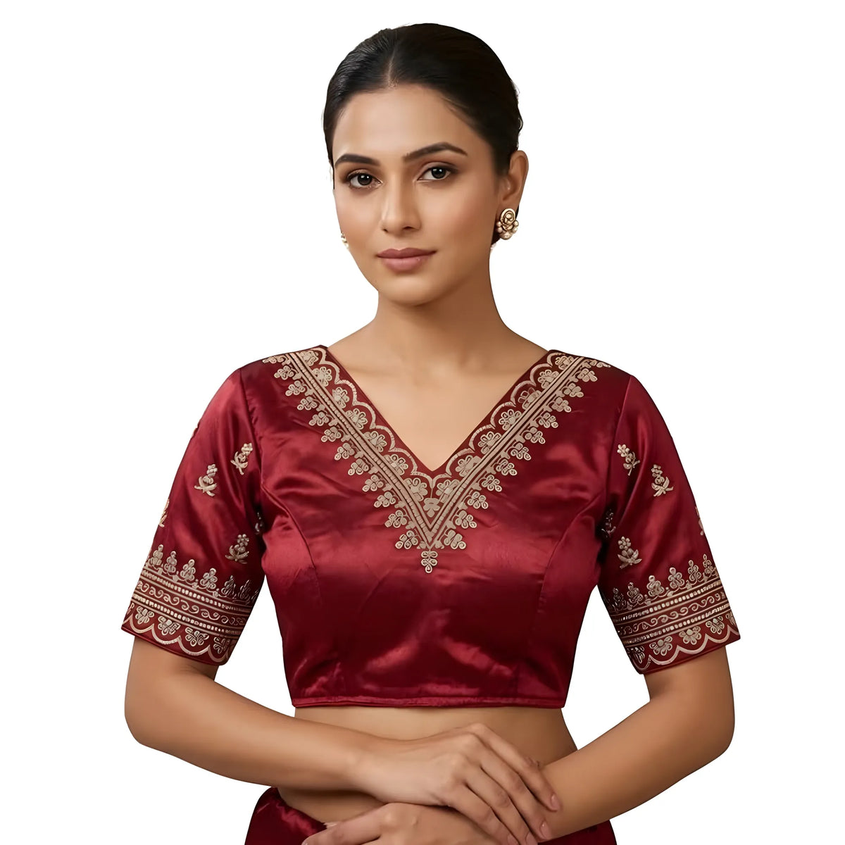 Garnet Women's Satin Embroidered Half sleeve V-Neck Padded Readymade Blouse