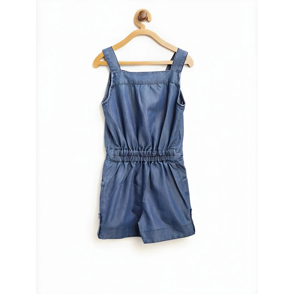 Girl's Denim Embroidered Sleeveless Jumpsuit (blue) | Kids Signature Collection
