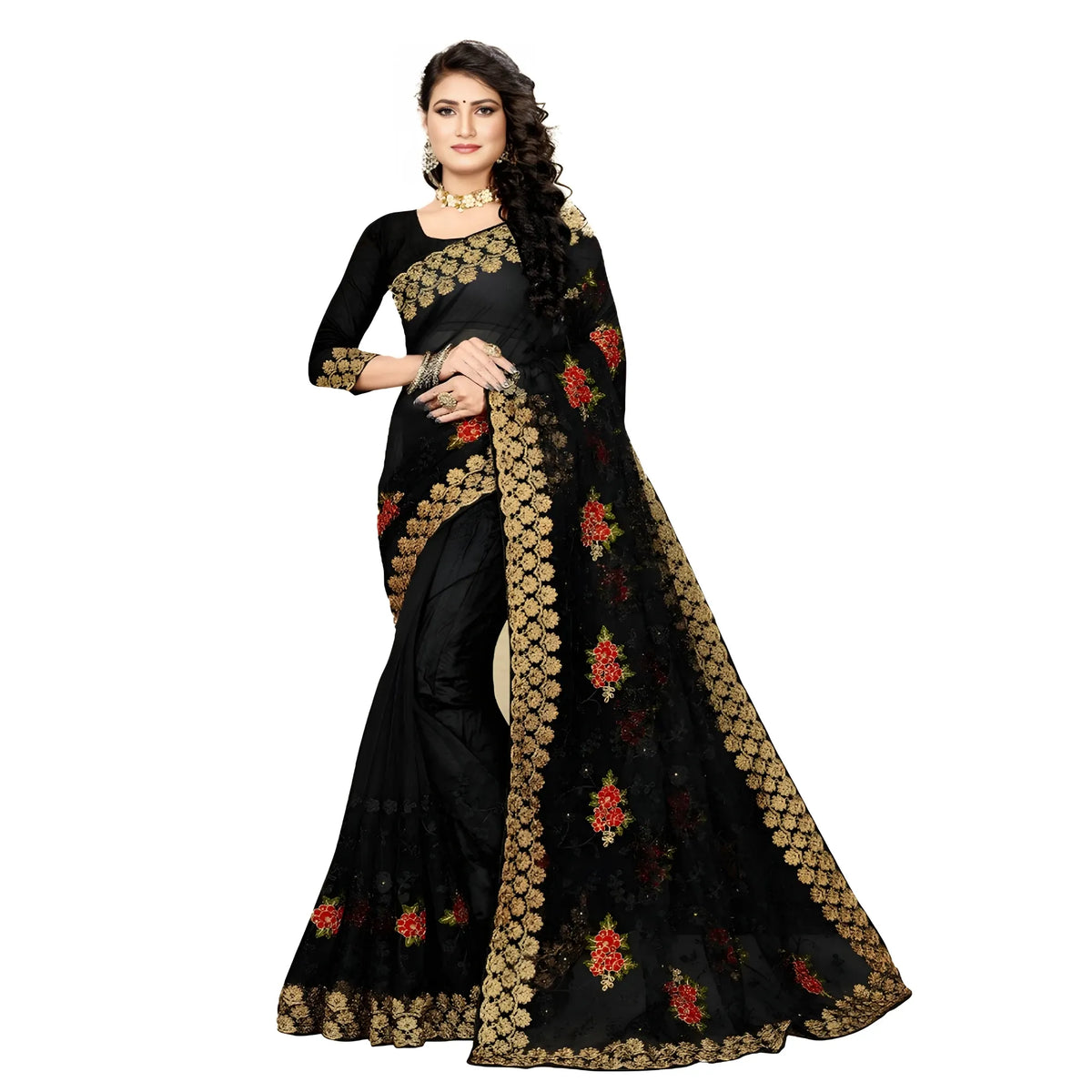 Women's Net Saree With Blouse (black, 5 6mtrs) | Women Signature Collection