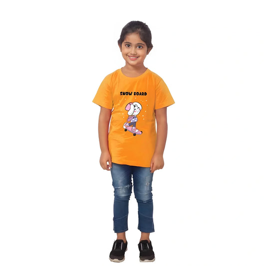 Girls Cotton Snow Board Half Sleeve TShirt (Mustard)