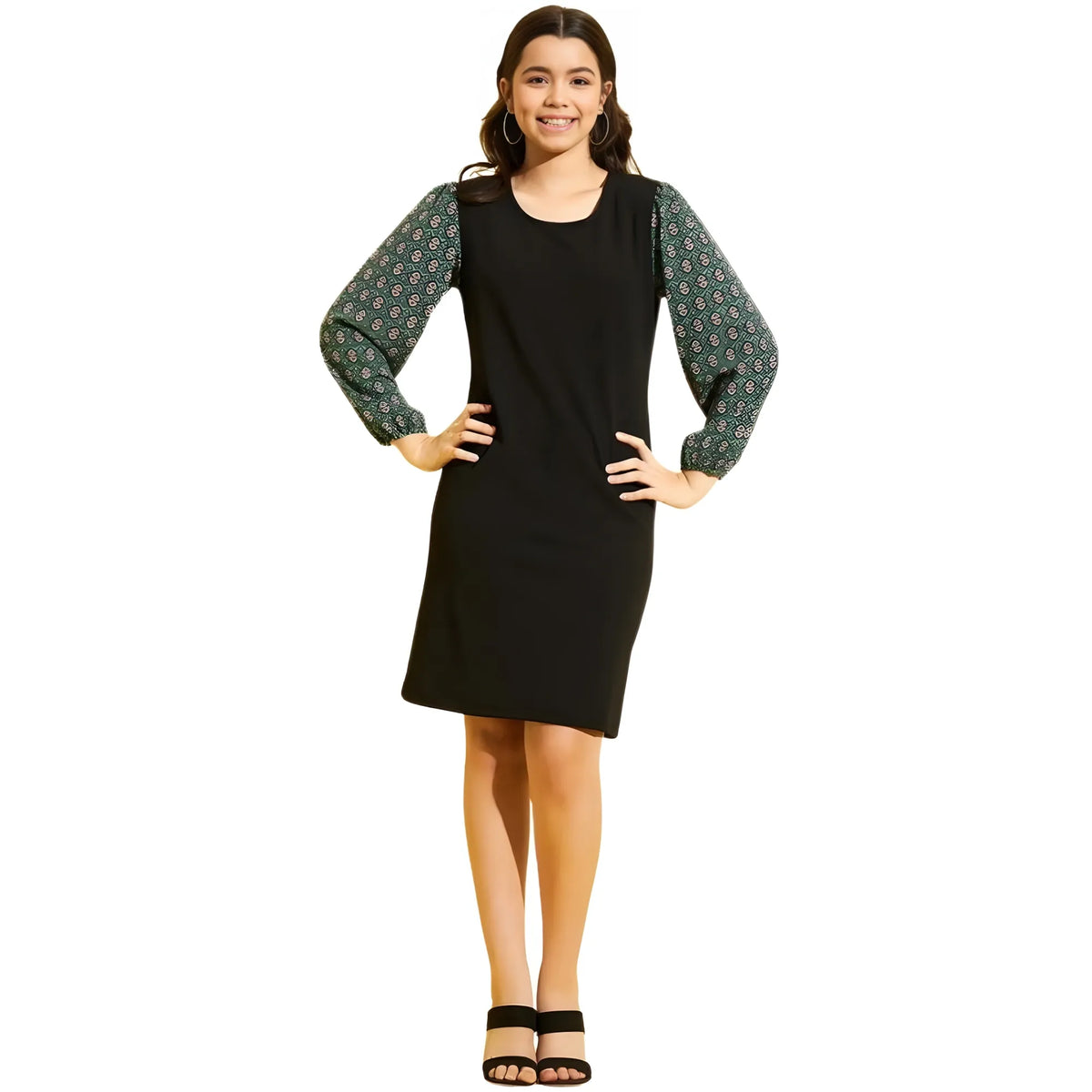 Girl's Polyester Lycra Printed Sleeveless Dress (green Black) | Kids Signature Collection