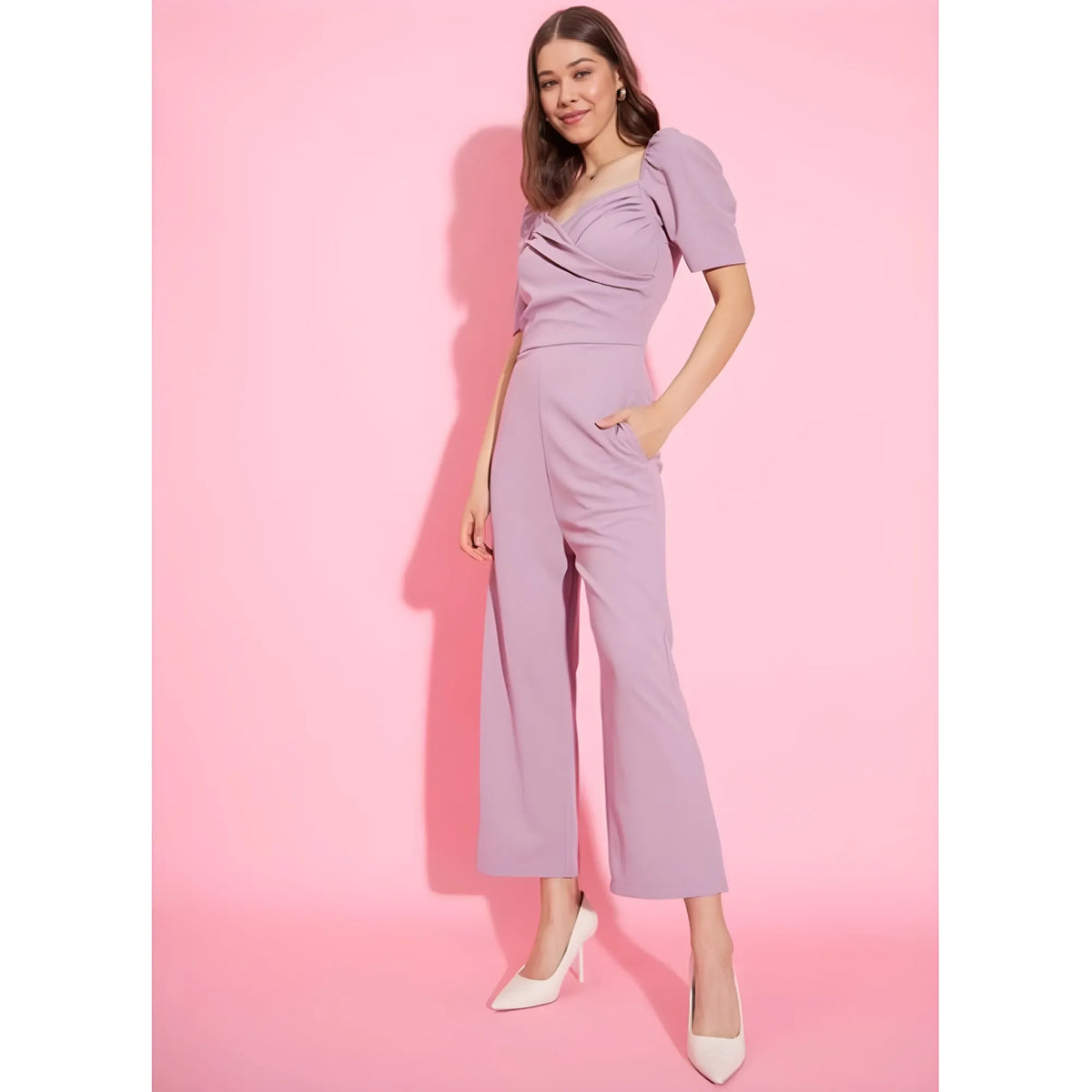 Women's Polyester Lycra Solid Puff Sleeve Jumpsuit (lavender) | Women Signature Collection
