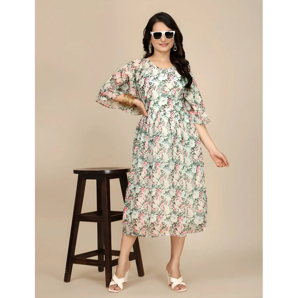 Women's Georgette Printed Round Neck Short Sleeve Dress (pink) | Women Signature Collection