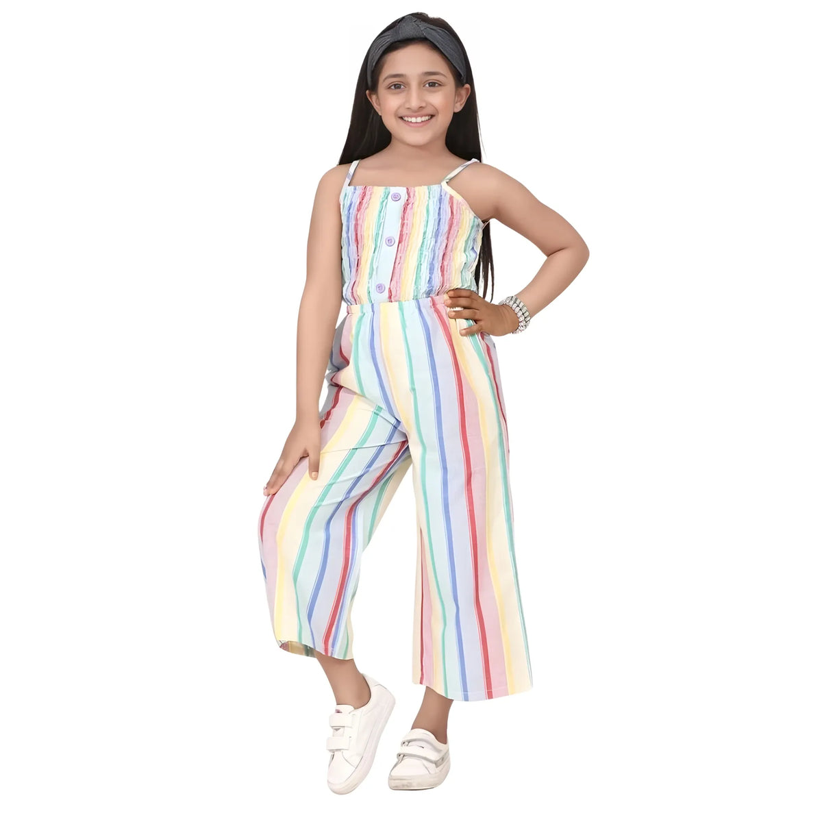 Girl's Polyester Cotton Blend Striped Sleeveless Jumpsuit (multicolor) | Kids Signature Collection