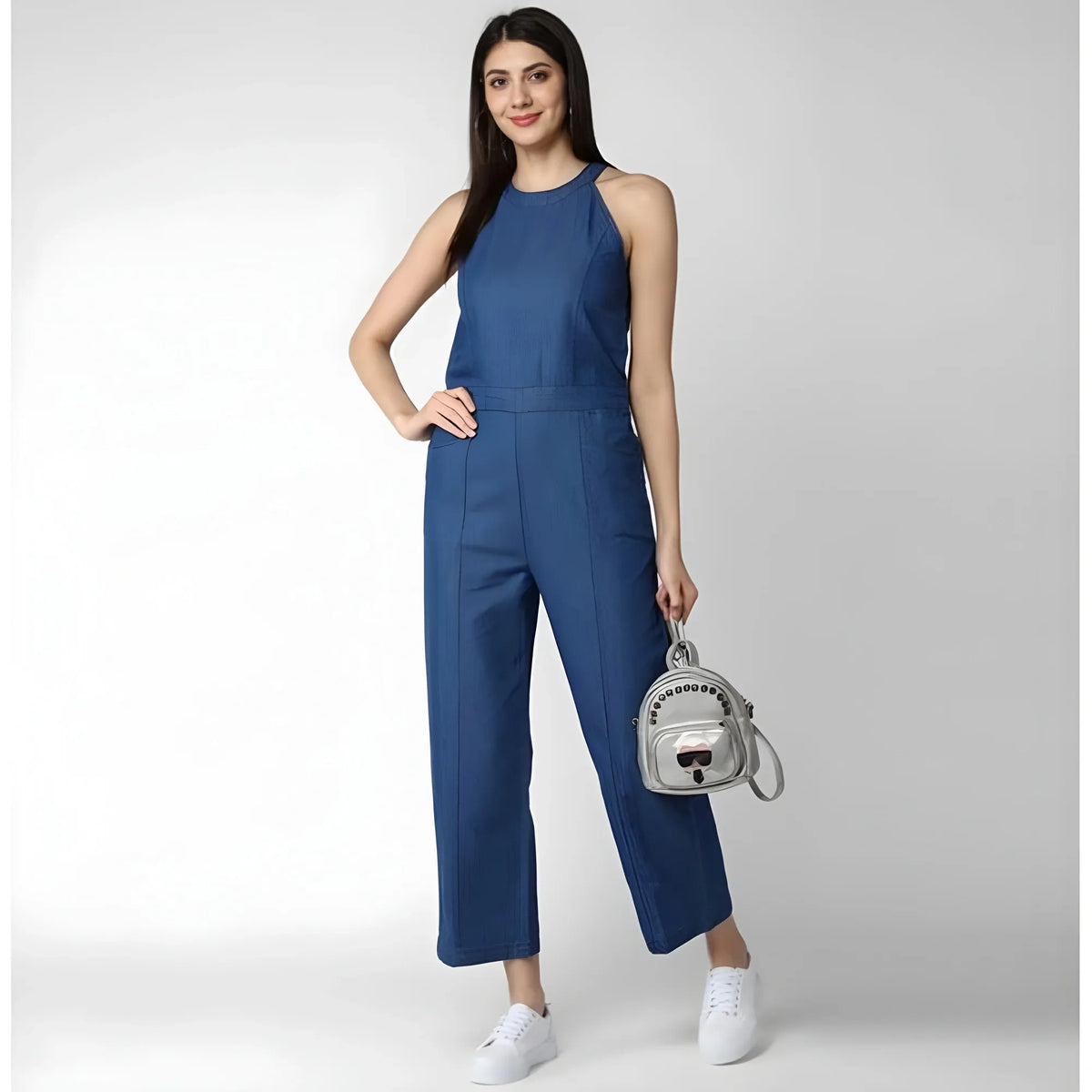 Women's Denim Solid Sleeveless Jumpsuit (blue) | Women Signature Collection