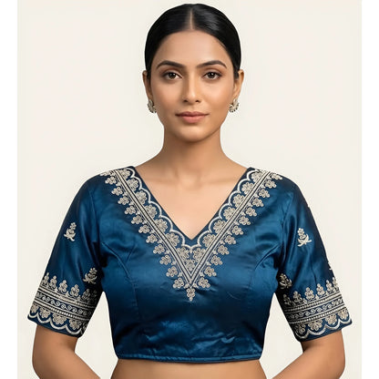 Signature Women's Satin Embroidered Half sleeve V-Neck Padded Readymade Blouse