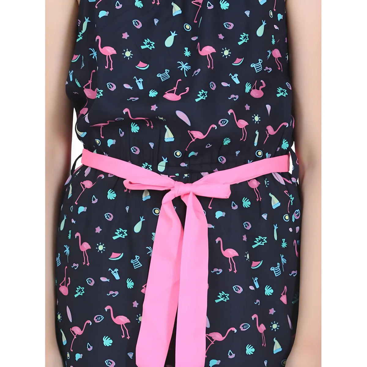 Girl's Rayon Flamingo Print Sleeveless Jumpsuit (black Pink) | Kids Signature Collection