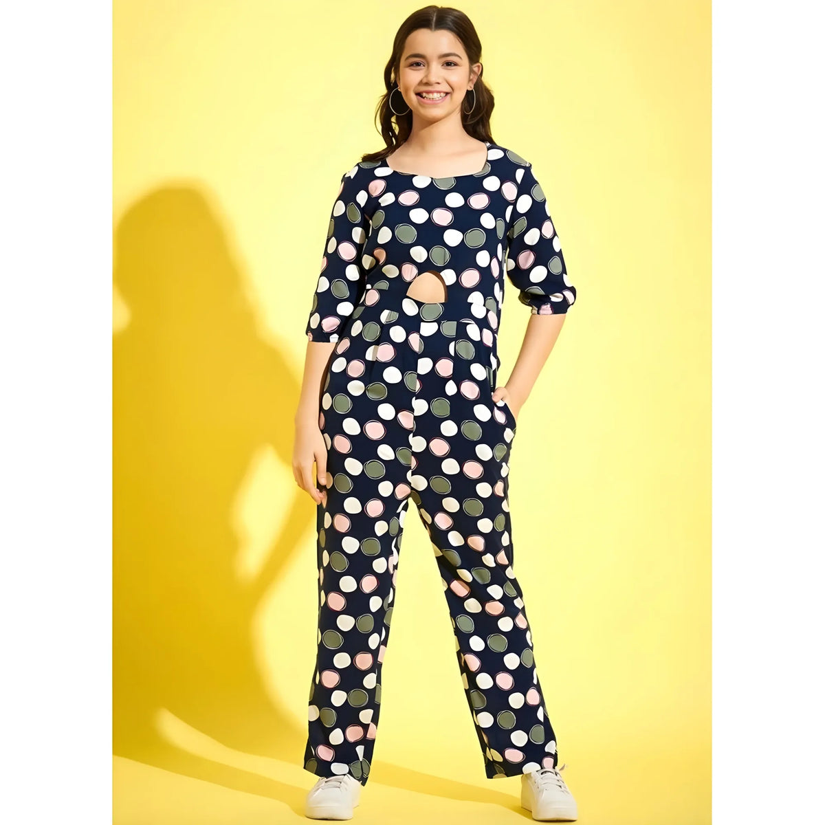 Girl's Cotton Polka 3 4th Sleeve Jumpsuit (multicolor) | Women Signature Collection