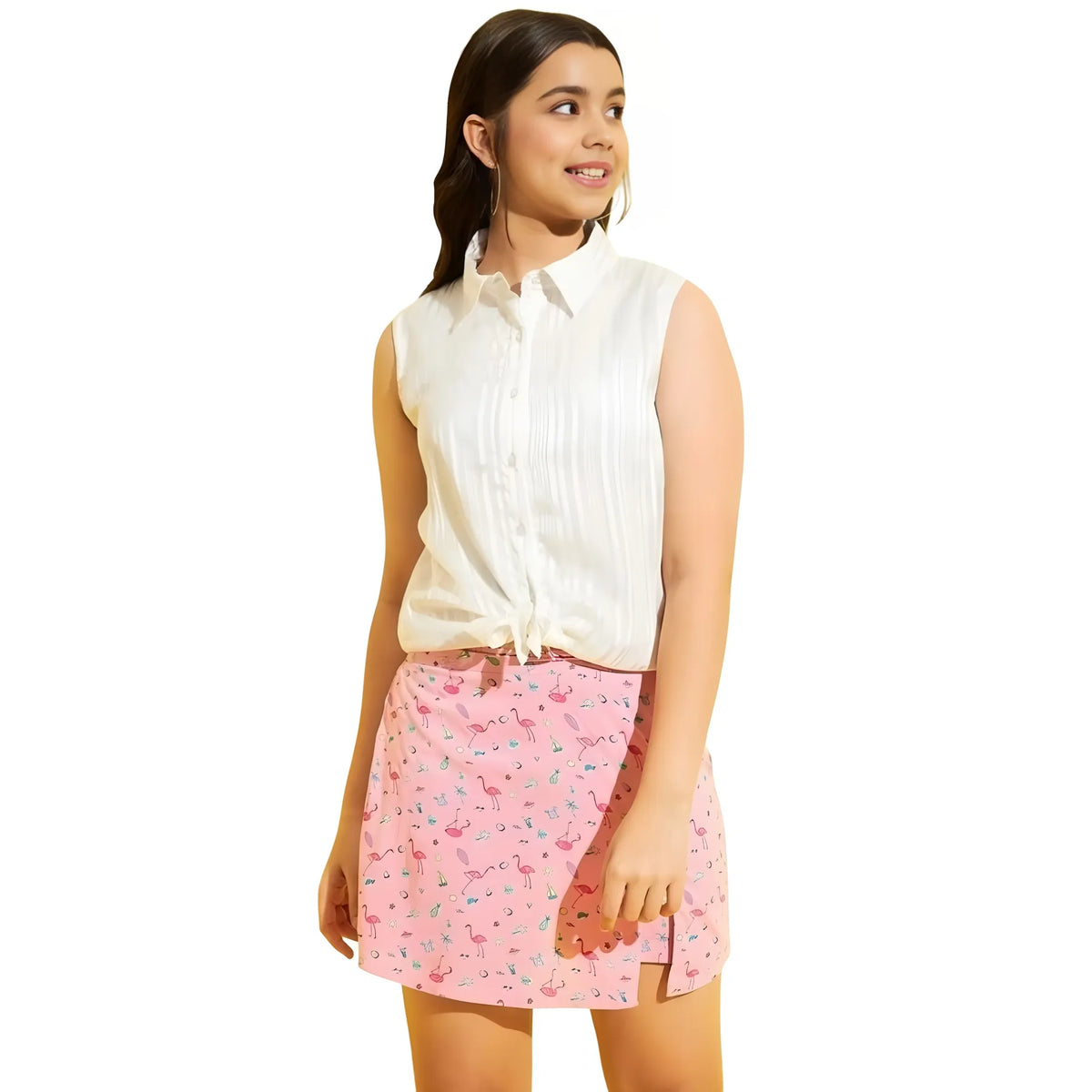 Girl's Polyester Lurex Printed Sleeveless Top Set (pink White) | Kids Signature Collection