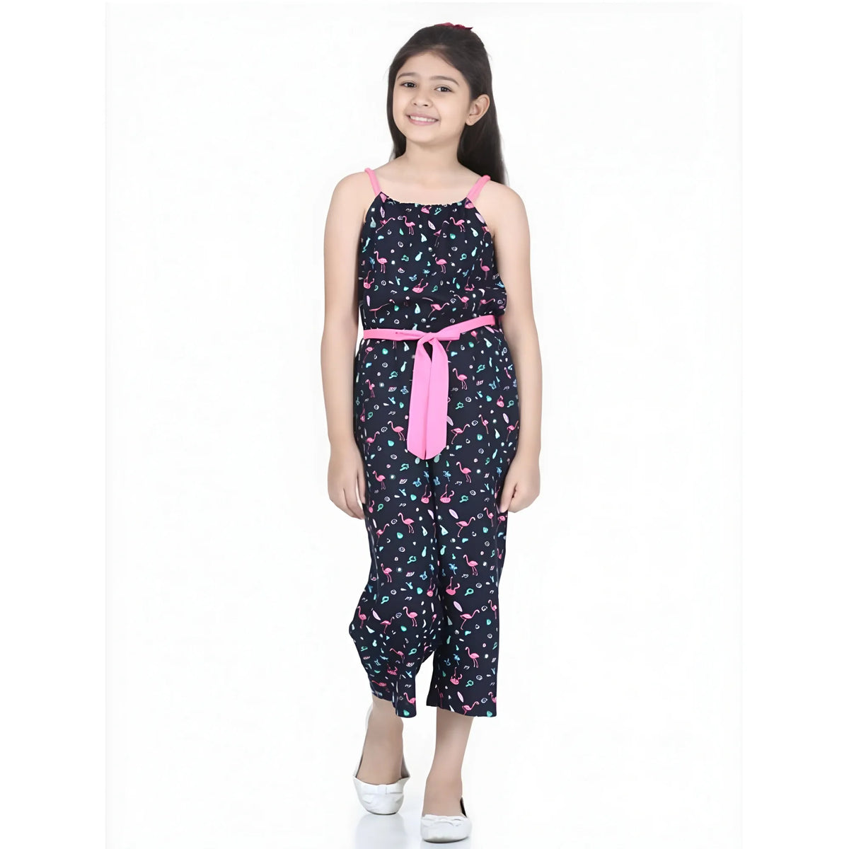 Girl's Rayon Flamingo Print Sleeveless Jumpsuit (black Pink) | Kids Signature Collection