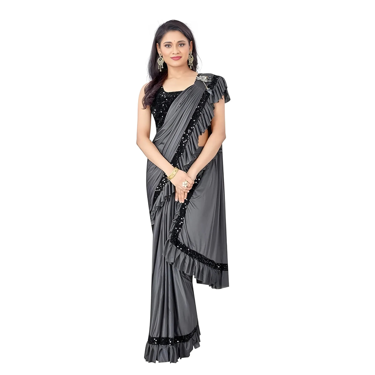 Women's Lycra Solid Saree With Unstitched Blouse (grey, 5.5 Mtr) | Women Signature Collection