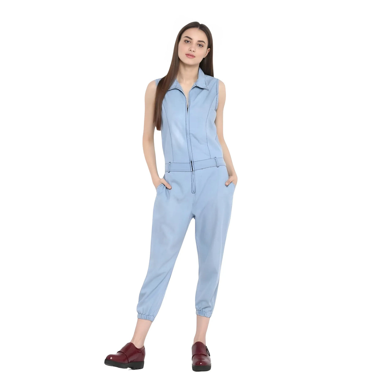 Women's Denim Solid Sleeveless Jumpsuit (blue) | Women Signature Collection