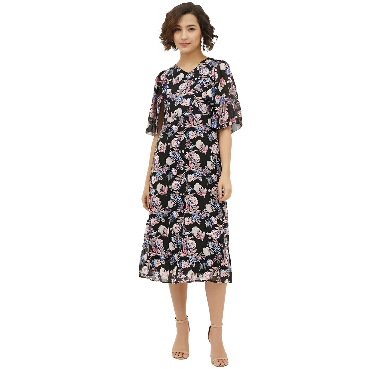 Women's Polyester Chain Print Cap Sleeve Calf Length Dress (multicolor) | Women Signature Collection