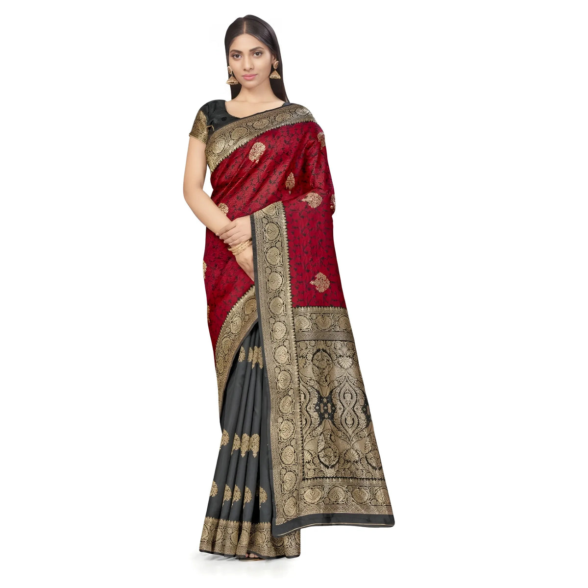 Women's Banarasi Silk Saree With Blouse (black, Red, 5 6mtrs) | Women Signature Collection