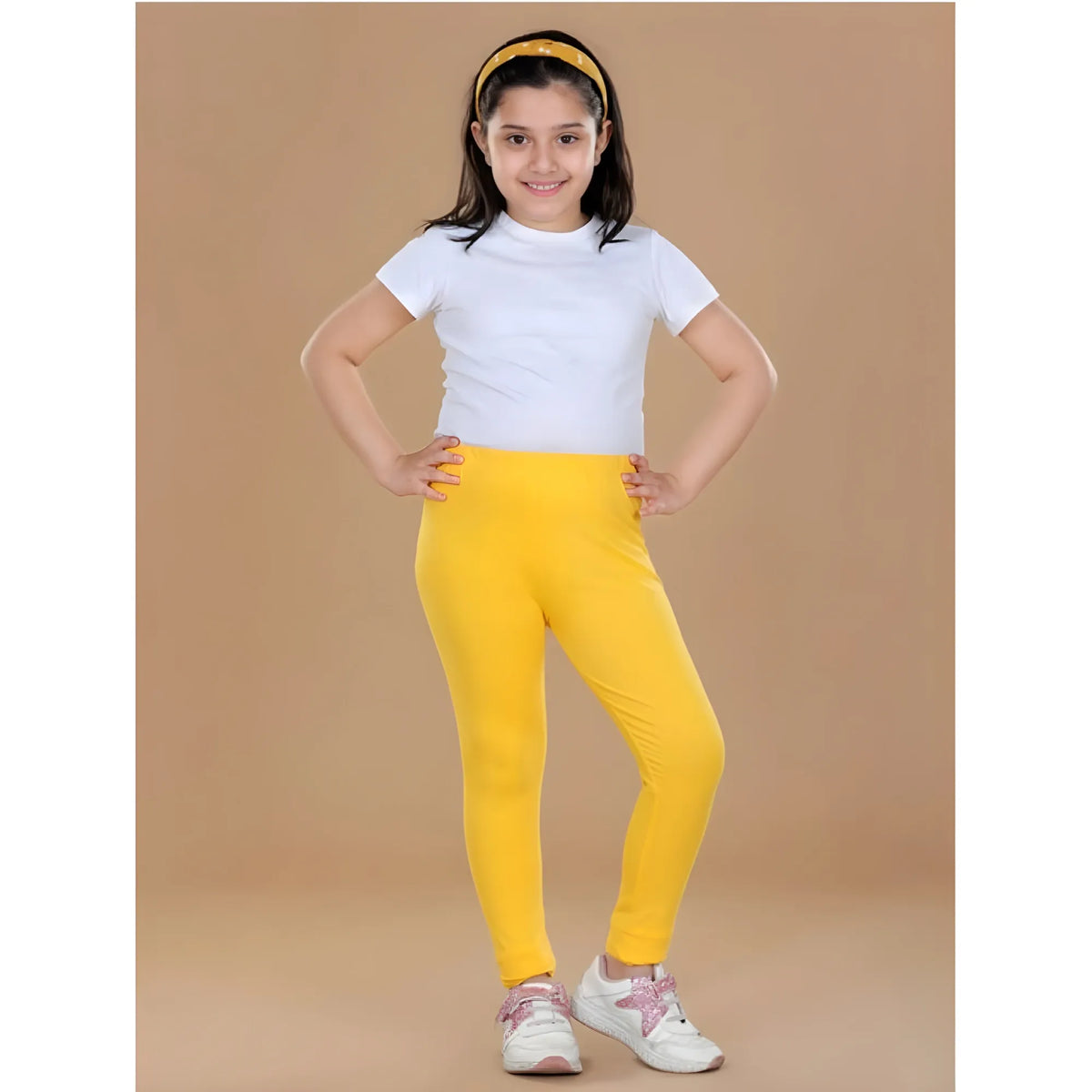 Girl's Cotton Lycra Solid Elasticated Leggings (Yellow)