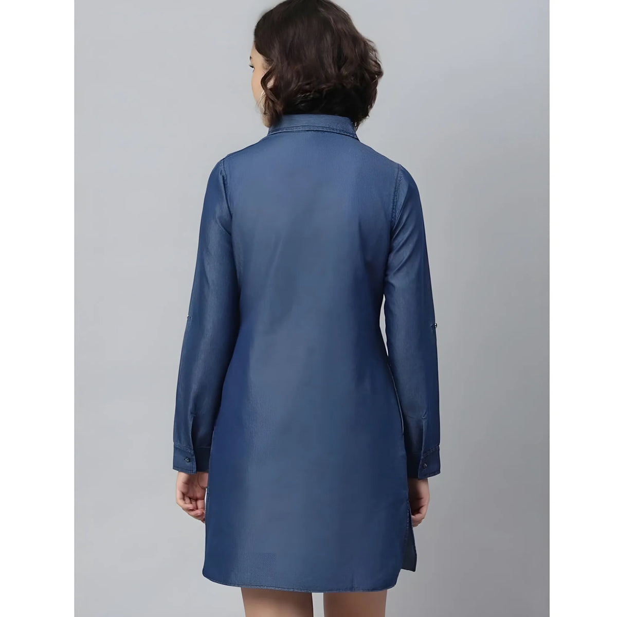 Women's Denim Solid Long Sleeves Above Knee Dress (navy Blue) | Women Signature Collection