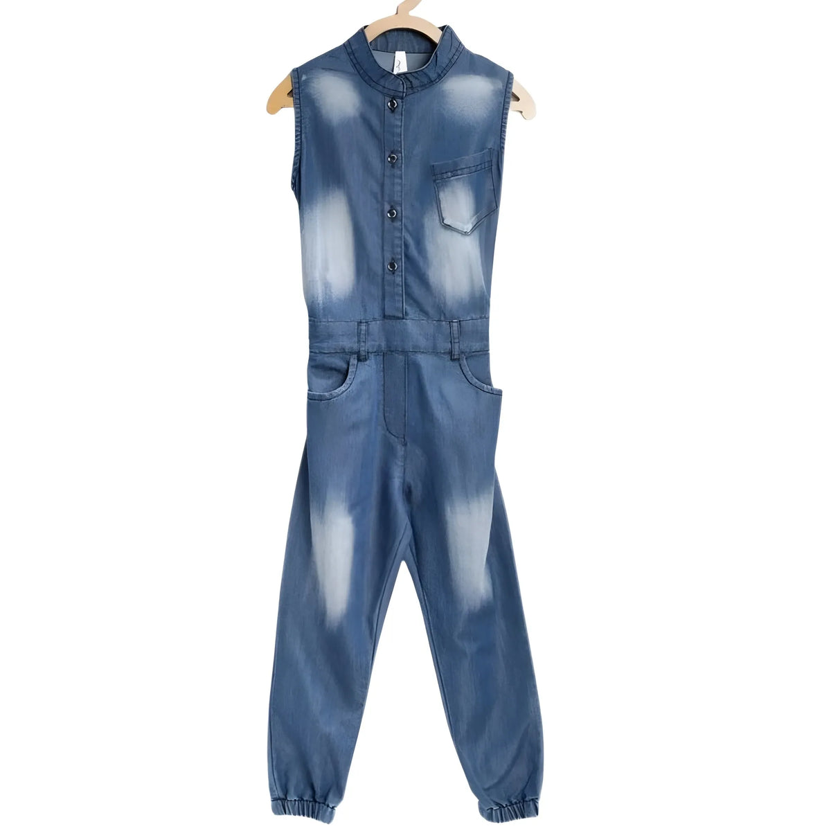 Girl's Denim Embellished Sleeveless Jumpsuit (blue) | Kids Signature Collection