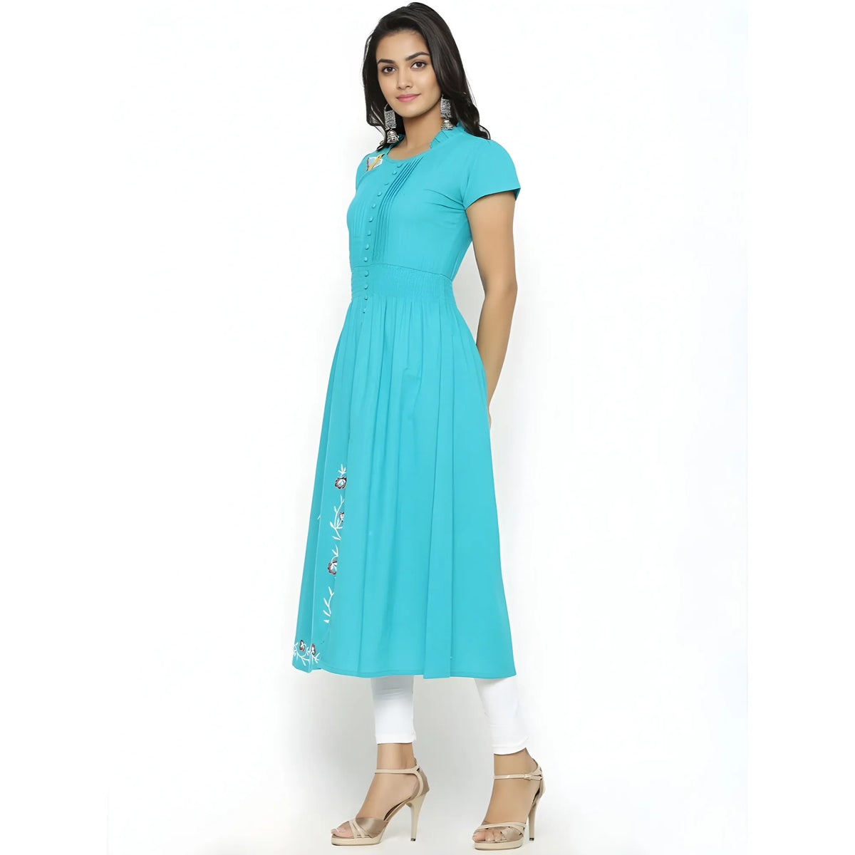 Women's Casual Short Sleeve Embroidery Cotton Slub Kurti (torque Green) | Women Signature Collection