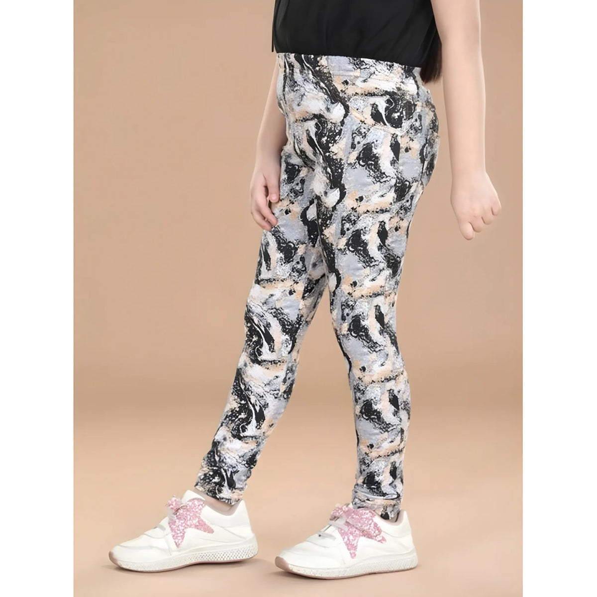 Girl's Cotton Lycra Floral Elasticated Jeggings (Multicolor)