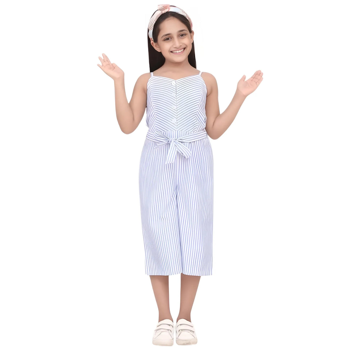 Girl's Polyester Cotton Blend Striped Sleeveless Jumpsuit (light Blue) | Kids Signature Collection