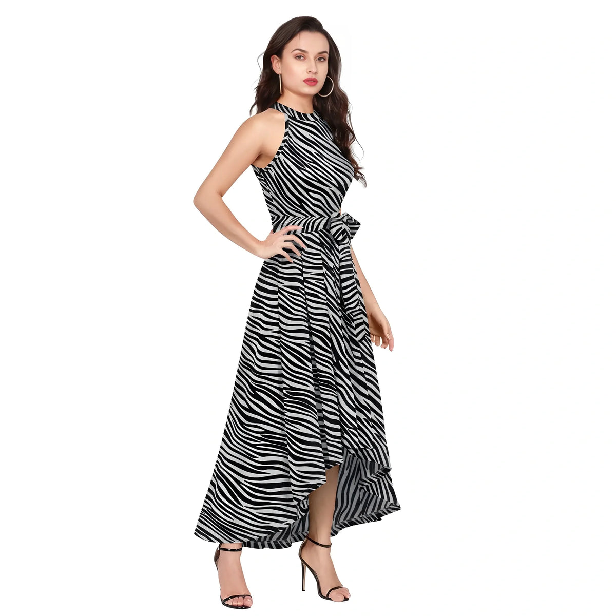 Women's Polyester Zebra Pattern Halter Neck Sleeveless Dress (navy Blue) | Women Signature Collection