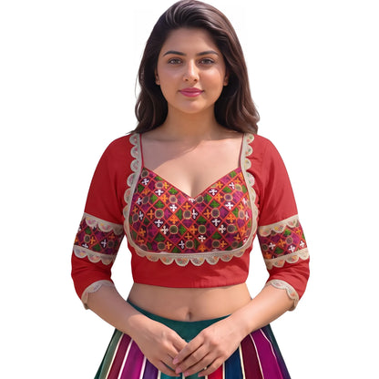 Ruby Women's Cotton Blend Embroidered 3/4 Sleeve V-Neck Padded Readymade Blouse