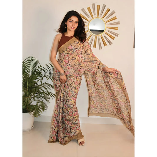 Women's Georgette Printed Saree With Unstitched Blouse 5.5Mtr (Brown)