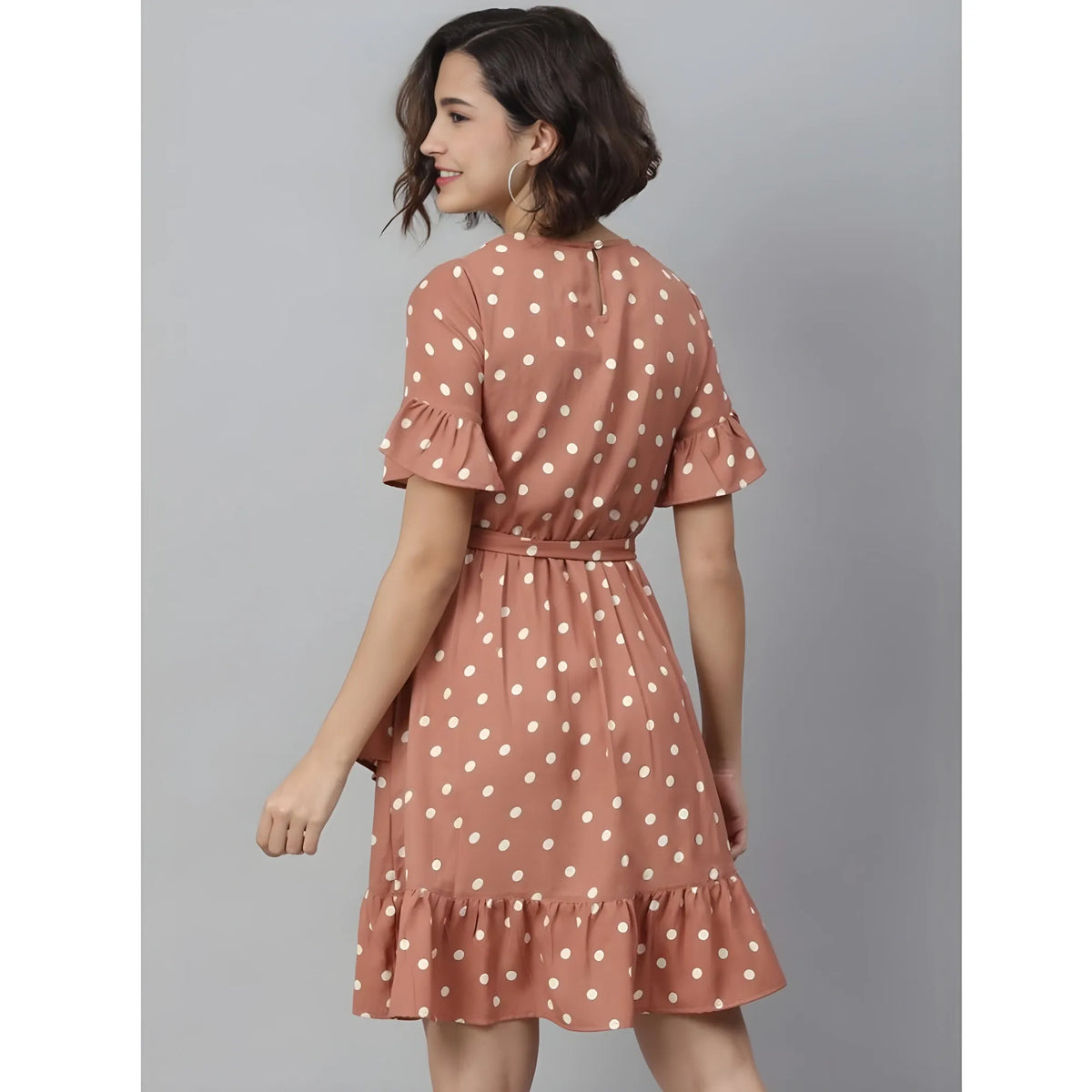 Women's Polyester Polka Bell Sleeve Above Knee Dress (brown) | Women Signature Collection